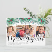 Holly Mistletoe 3 Photo Merrier Samen Script Feestdagenkaart (Staand voorkant)