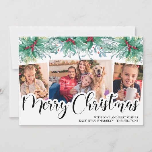 Holly Mistletoe 3 Photo Merry Kerstscript Feestdagenkaart (Voorkant)