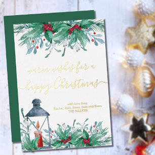 Holly Mistletoe en Lantaarn Gelukkig Kerstmis Goud Folie Feestdagenkaart