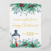Holly Mistletoe en Lantern Happy KerstGold Folie Feestdagenkaart (Voorkant)