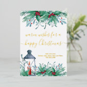 Holly Mistletoe en Lantern Happy KerstGold Folie Feestdagenkaart (Staand Voorkant)
