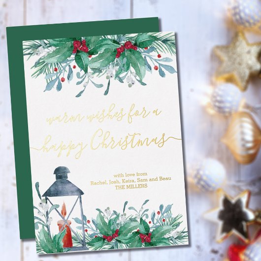 Holly Mistletoe en Lantern Happy KerstGold Folie Feestdagenkaart