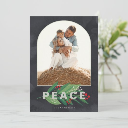 Holly Modern Arch Navy Stripes Custom Photo Holida Feestdagenkaart (Staand voorkant)