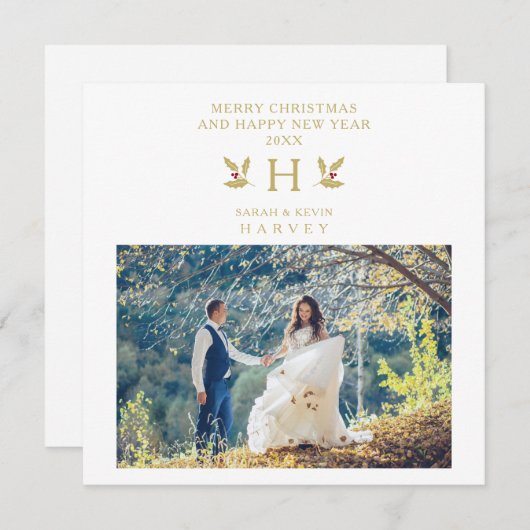 Holly Monogram Initial Christmas Newlyweds Photo (Voorkant / Achterkant)