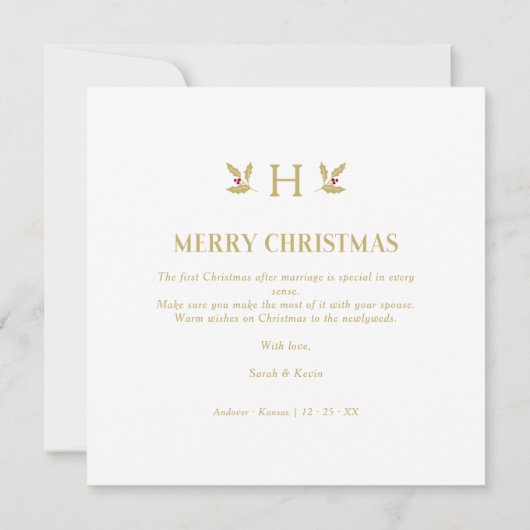 Holly Monogram Initial Christmas Newlyweds Photo (Achterkant)