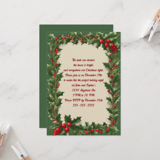 Holly op een groen kerstfeest kaart (Voorkant / Achterkant in situ)