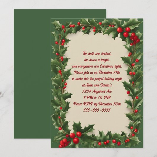 Holly op een groen kerstfeest kaart (Voorkant / Achterkant)