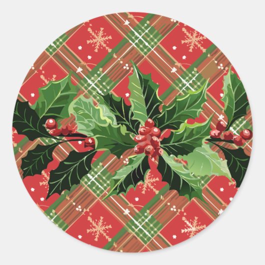 Holly op Kerstmis Plaid 1 Ronde Sticker (Voorkant)