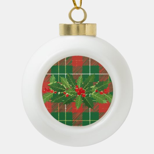 Holly op Kerstmis Plaid 4 Keramische Bal Ornament (Voorkant)