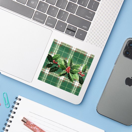 Holly op Kerstmis Plaid 5 Sticker (Laptop met iPhone)