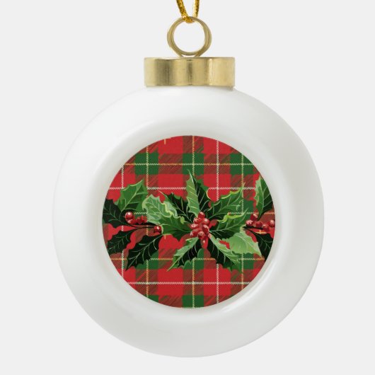Holly op Kerstmis Plaid 6 Keramische Bal Ornament (Voorkant)