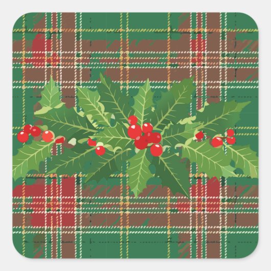 Holly op Kerstmis Plaid 7 Vierkante Sticker (Voorkant)