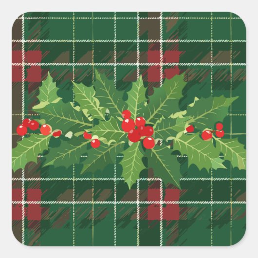Holly op Kerstmis Plaid 8 Vierkante Sticker (Voorkant)
