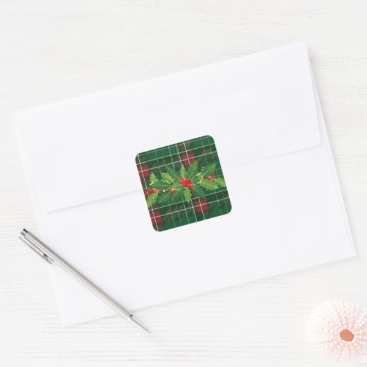 Holly op Kerstmis Plaid 8 Vierkante Sticker (Envelop)