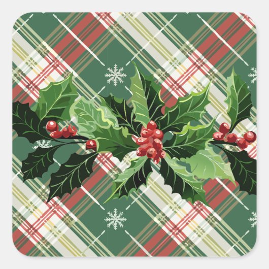 Holly op Kerstmis Plaid 9 Vierkante Sticker (Voorkant)
