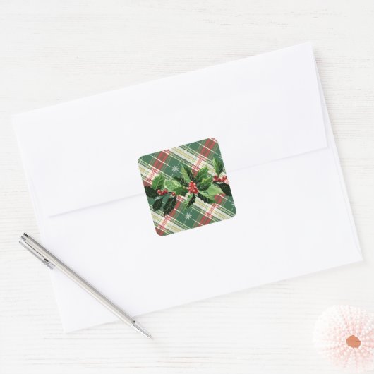Holly op Kerstmis Plaid 9 Vierkante Sticker (Envelop)