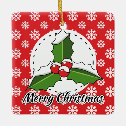 Holly op Red White Snowflakes Pattern - Merry Xmas Keramisch Ornament (Voorkant)