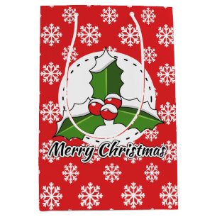 Holly op Red White Snowflakes Pattern - Merry Xmas Medium Cadeauzakje