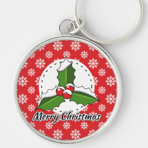 Holly op Red White Snowflakes Pattern - Merry Xmas Sleutelhanger