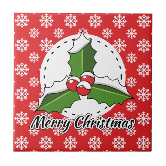 Holly op Red White Snowflakes Pattern - Merry Xmas Tegeltje (Voorkant)