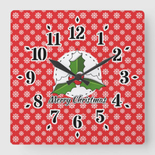 Holly op Red White Snowflakes Pattern - Merry Xmas Vierkante Klok