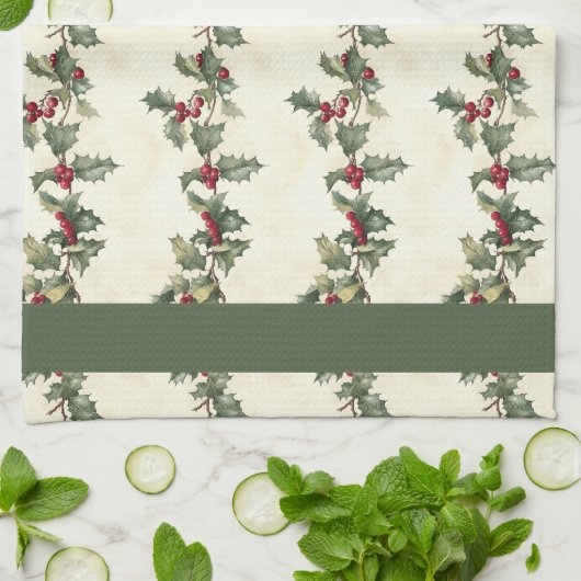 Holly Pattern Kerst Keuken Handdoek (Gevouwen)