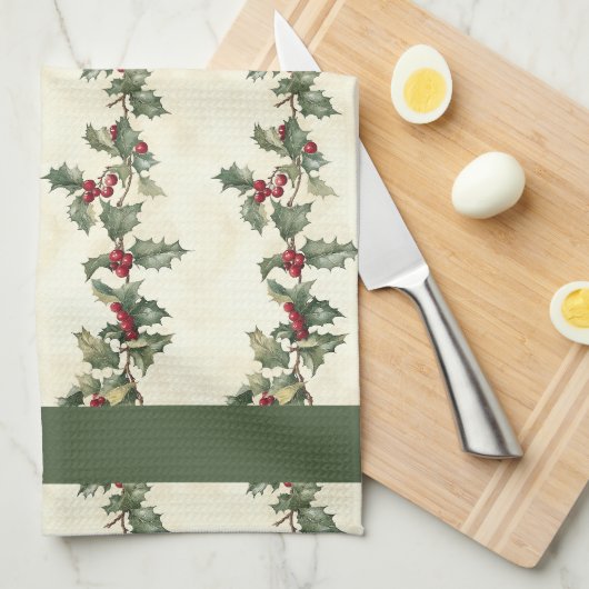 Holly Pattern Kerst Keuken Handdoek (Quarter Fold)