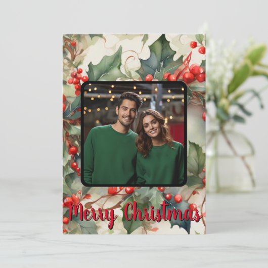 Holly personaliseren foto Feestdagenkaart (Staand voorkant)
