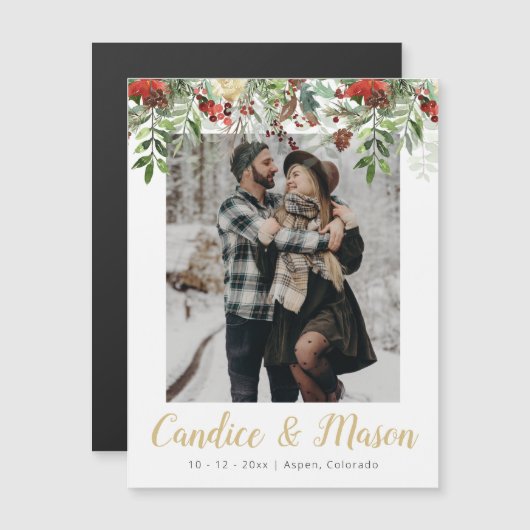 HOLLY Photo Winter Kerstmis Save the Date Magnet Magnetische Uitnodiging (Voorkant / Achterkant)