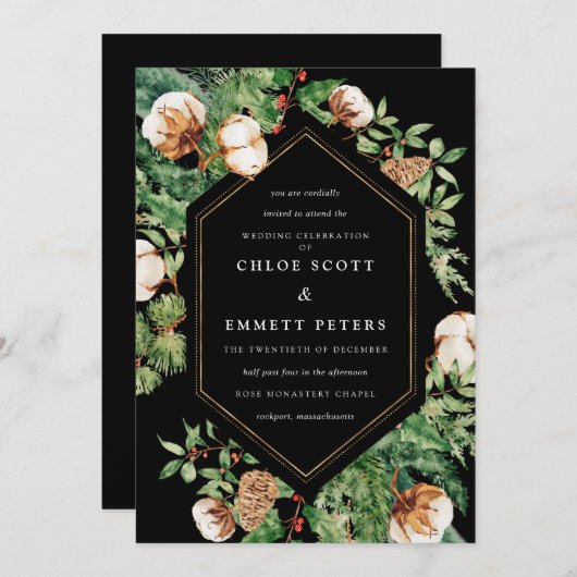 Holly Pijn Wit Bloemig Winter Bruiloft Uitnodiging (Voorkant / Achterkant)