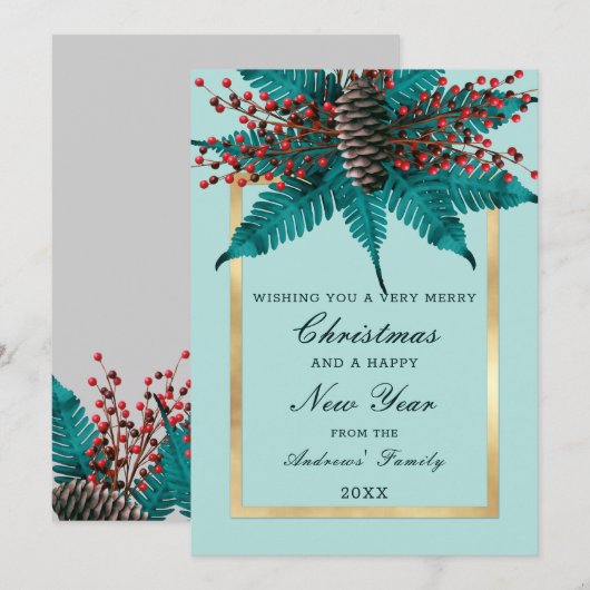 Holly Pine Cone Bouquet Gold Border kerst Feestdagenkaart (Voorkant / Achterkant)