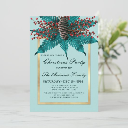 Holly Pine Cone Bouquet Gold Border kerst Kaart (Staand voorkant)