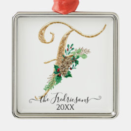 Holly Pine Cone Christmas Gold Glitter Monogram F Metalen Ornament