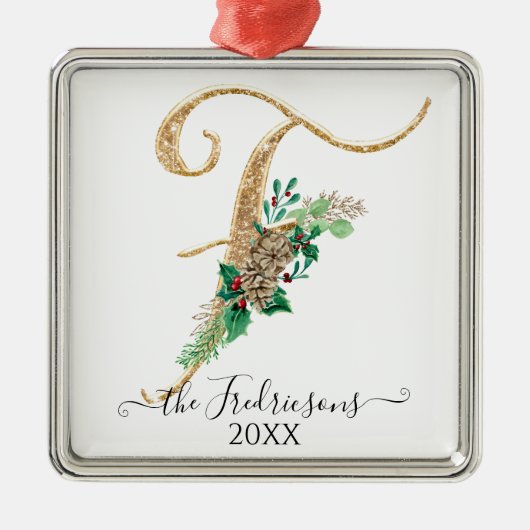 Holly Pine Cone Christmas Gold Glitter Monogram F Metalen Ornament (Voorkant)