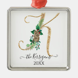 Holly Pine Cone Monogram K Gold Glitter Kerstmis Metalen Ornament