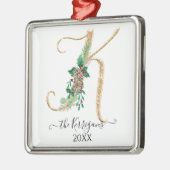 Holly Pine Cone Monogram K Gold Glitter Kerstmis Metalen Ornament (Links)
