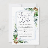 Holly Pine Cones Greenery Foliage Save the Date Kaart (Voorkant)