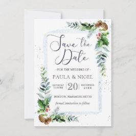 Holly Pine Cones Greenery Foliage Save the Date Kaart