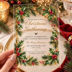 Holly Pine Elegante Gouden Kerstfeest Acryl Uitnodigingen
