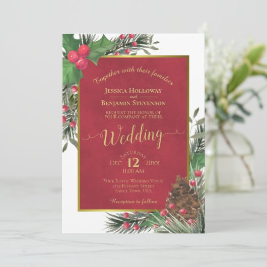 Holly & Pine Elegante Kerst WinterHuwelijk Kaart (Staand voorkant)