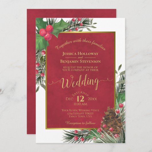 Holly & Pine Elegante Kerst WinterHuwelijk Kaart (Voorkant / Achterkant)