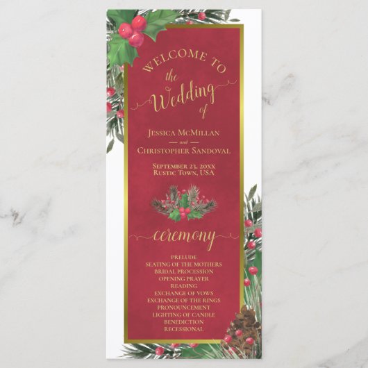 Holly & Pine Elegante Kerstmis of Vakantie Bruilof Programmakaart (Voorkant)