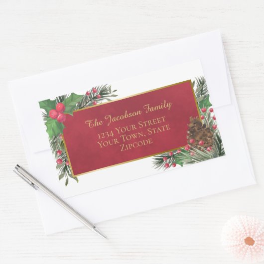 Holly & Pine Red & Gold Holiday Return-adres Rechthoekige Sticker (Envelop)