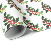 Holly Pine Tree Woodland Xmas Schattigee waterverf Cadeaupapier (Rol Hoek)