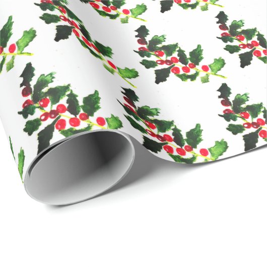 Holly Pine Tree Woodland Xmas Schattigee waterverf Cadeaupapier (Rol Hoek)