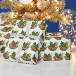 Holly Pine Tree Woodland Xmas Schattigee waterverf Cadeaupapier