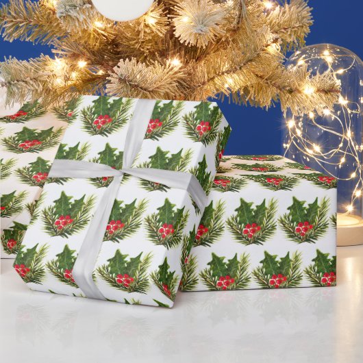 Holly Pine Tree Woodland Xmas Schattigee waterverf Cadeaupapier (Feestdagen)