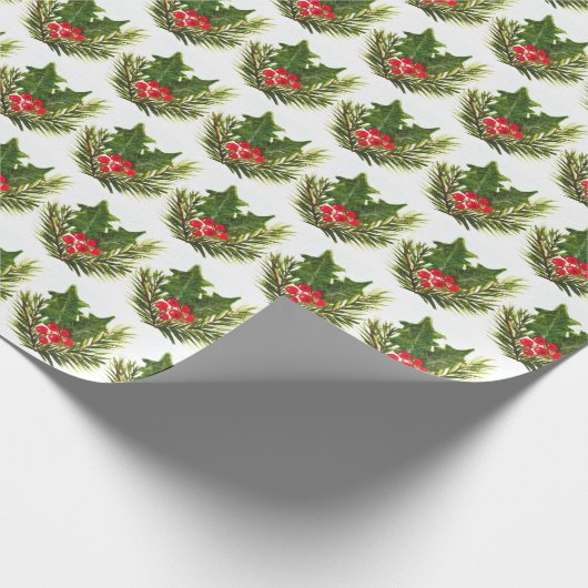 Holly Pine Tree Woodland Xmas Schattigee waterverf Cadeaupapier (Hoek)