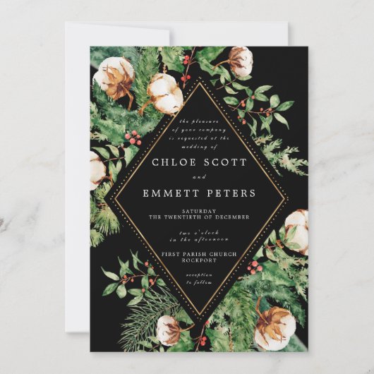 Holly Pine White Floral Winter Wedding Invitation Kaart (Voorkant)