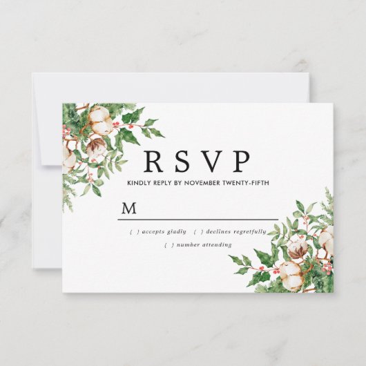 Holly Pine White Floral Winter Wedding RSVP Kaartje (Voorkant)